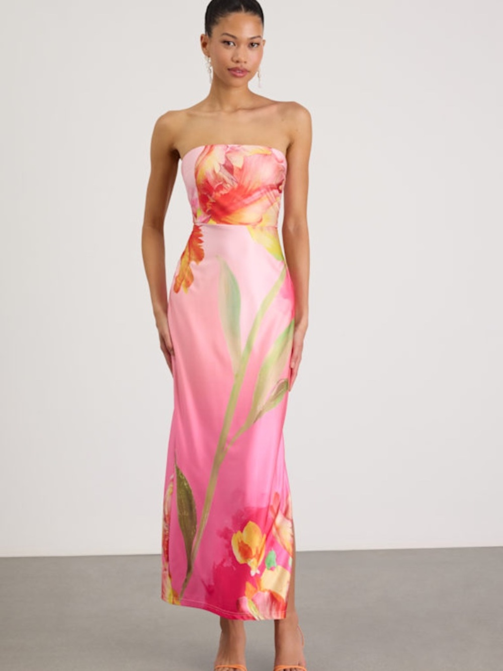 Lulus Anahi Pink Multi Floral Satin Strapless Maxi Dress - Size M